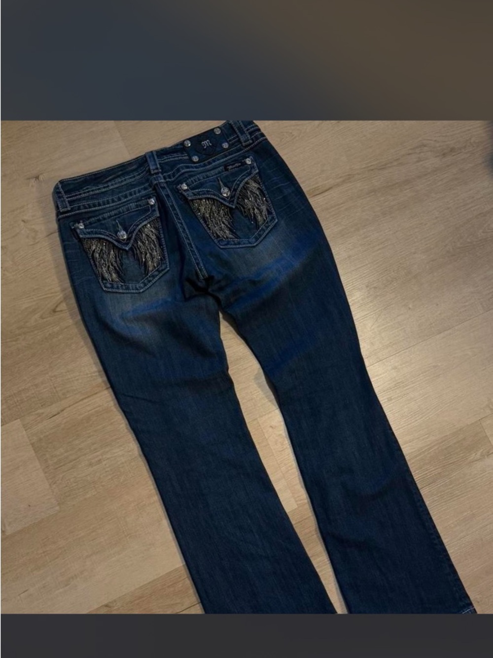 Miss Me low rise Flare Jeans with angel wing Back Pockets